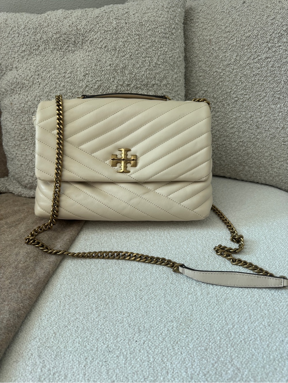 Tory Burch Cream Quilted Leather Crossbody with Gold Chain